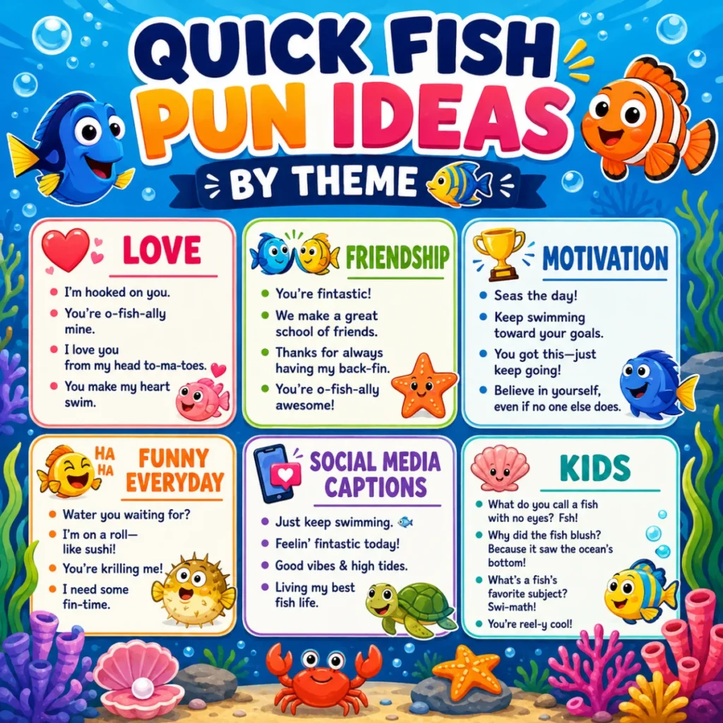 Colorful underwater infographic titled “Quick Fish Pun Ideas by Theme,” featuring cartoon fish, bubbles, coral, seaweed, shells, a crab, turtle, starfish, and themed fish puns for love, friendship, motivation, funny everyday use, social media captions, and kids.