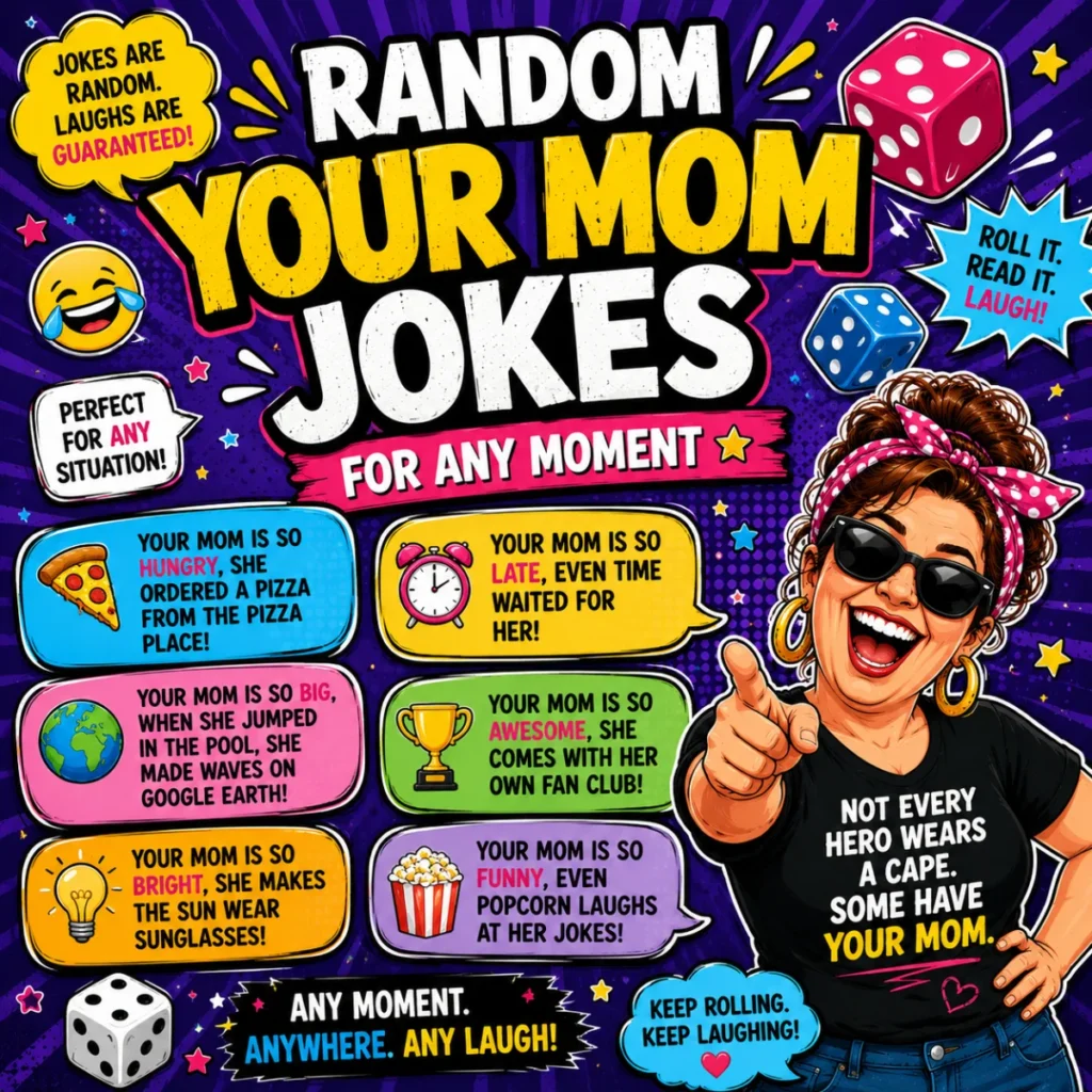 Random Your Mom Jokes for Any Moment graphic featuring a cheerful cartoon mom, colorful comic speech bubbles, playful dice icons, and funny one-liners on a vibrant comic-style background.