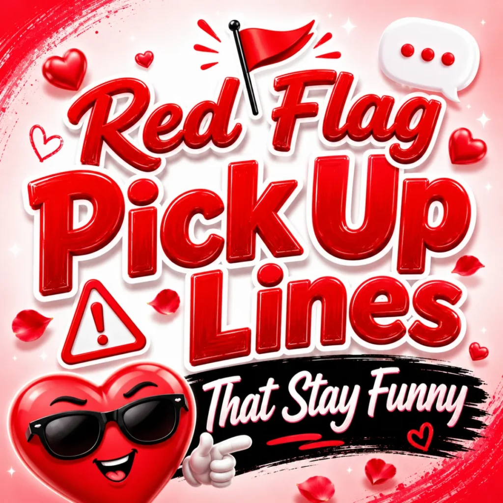 Funny illustration of a couple with red flags, hearts, and playful expressions representing humorous red flag pick up lines.