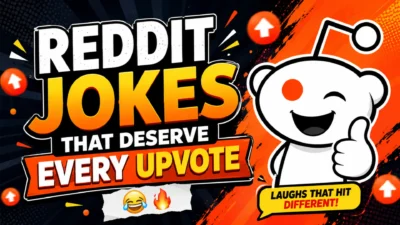 Reddit Jokes That Deserve Every Upvote featuring a funny Reddit-style mascot with upvote icons and comic-style text on a colorful background.