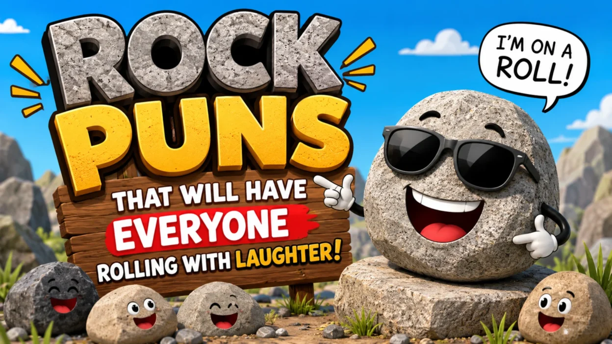Funny cartoon rock wearing sunglasses beside a bold Rock Puns sign in a colorful mountain landscape, perfect for a humor and geology-themed article.