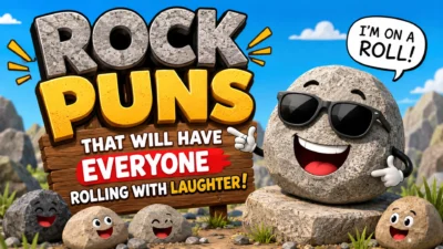 Funny cartoon rock wearing sunglasses beside a bold Rock Puns sign in a colorful mountain landscape, perfect for a humor and geology-themed article.