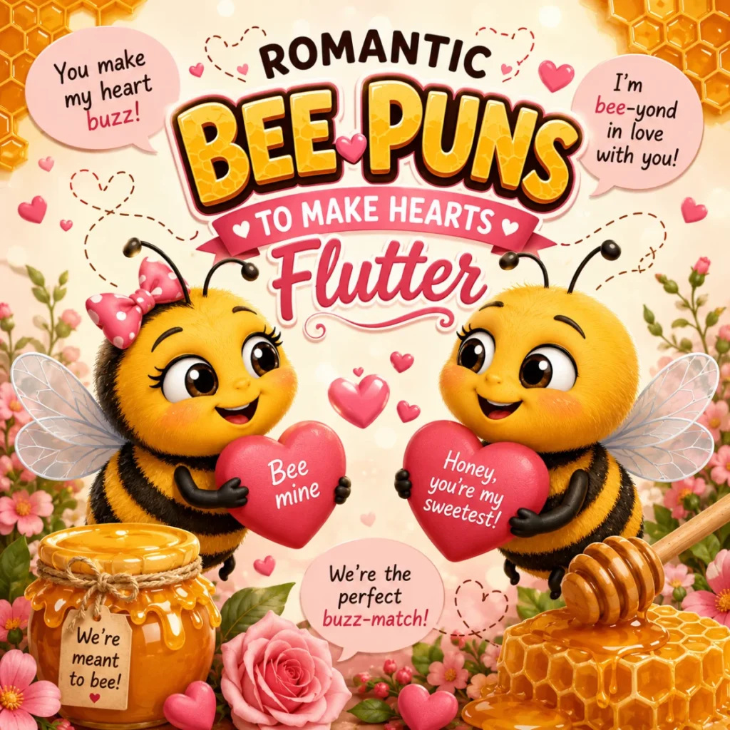 Romantic bee puns with adorable cartoon bees holding heart-shaped honey love messages on a pink and honey-themed background.