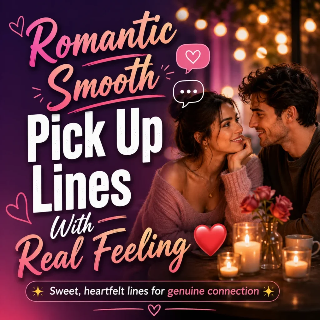 Romantic smooth pick up lines featuring a smiling couple sharing a warm candlelit date