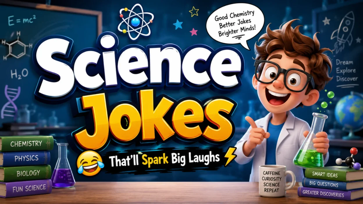 Colorful science jokes banner featuring a cheerful cartoon scientist, chemistry flasks, books, microscope, and bold text reading "Science Jokes That'll Spark Big Laughs" in a fun laboratory setting.