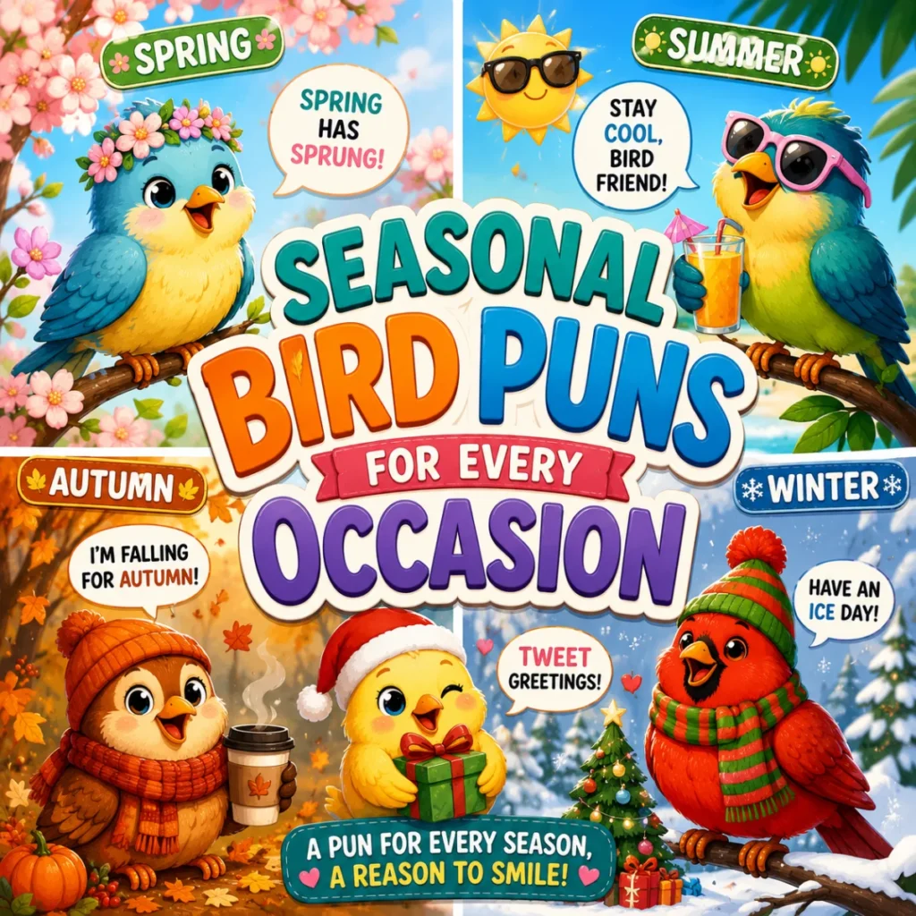 Seasonal bird puns illustration featuring cute cartoon birds celebrating spring, summer, autumn, and winter in a colorful comic-style design.