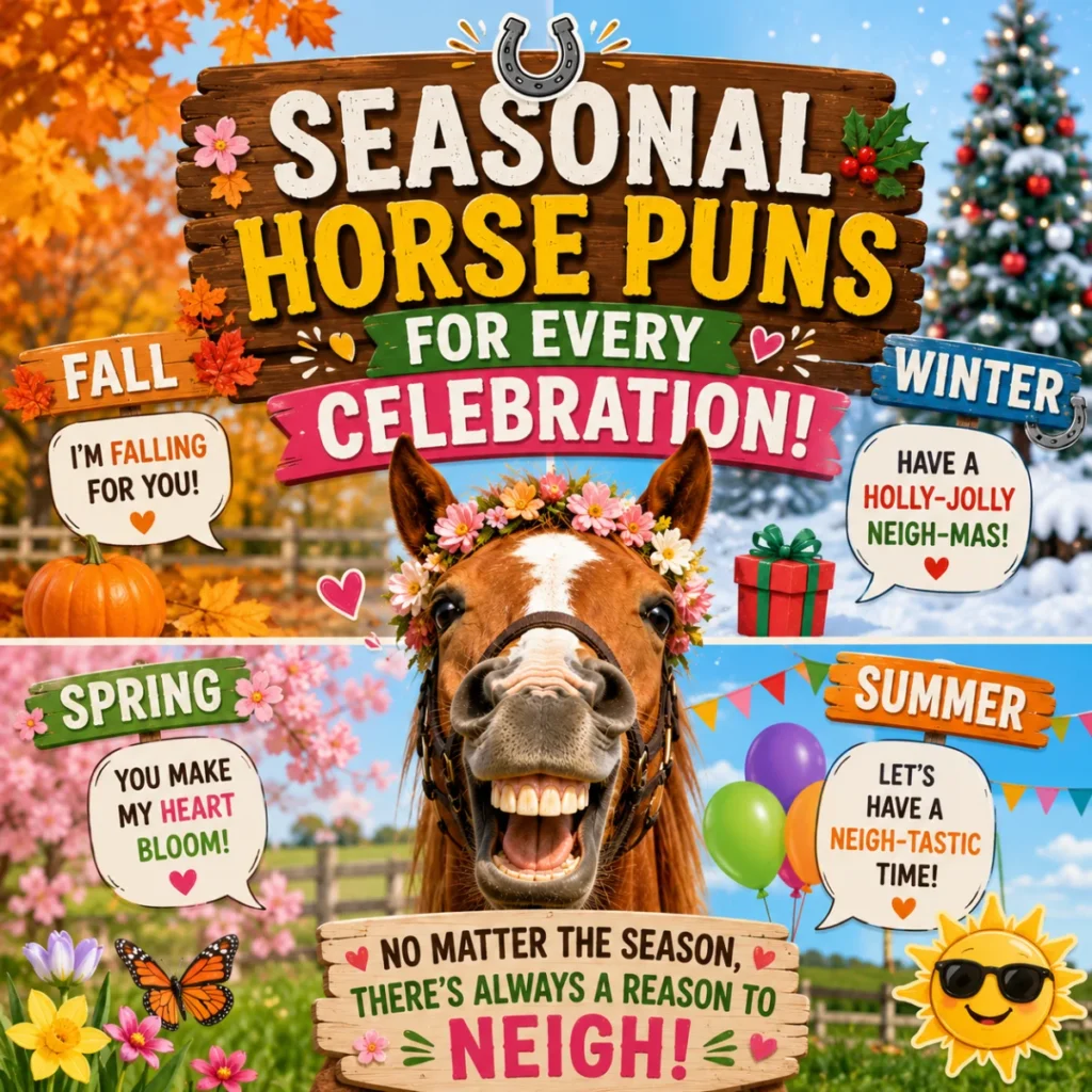 Seasonal Horse Puns for Every Celebration featuring a smiling horse with festive decorations for spring, summer, fall, and winter.