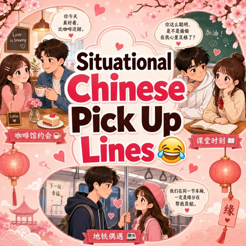 A playful illustration of a smiling couple in a Chinese-inspired setting with speech bubbles and the title "Situational Chinese Pick Up Lines."
