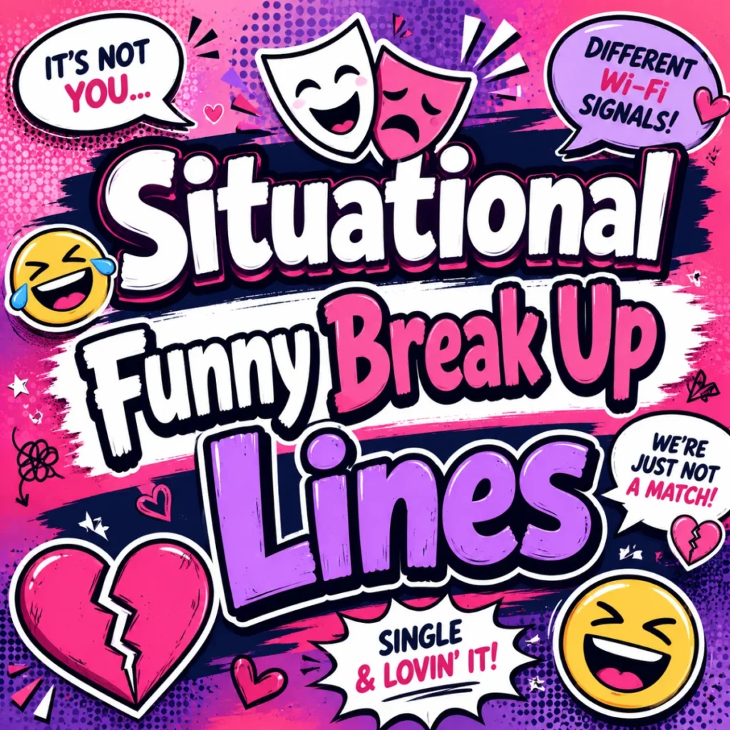 Playful illustration of funny situational break up lines featuring chat bubbles, broken heart icons, comedy masks, and laughing emojis.