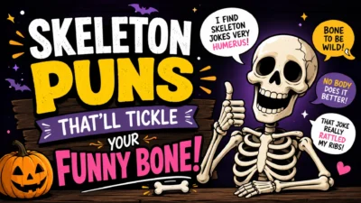 Funny cartoon skeleton giving a thumbs up with the title "Skeleton Puns That'll Tickle Your Funny Bone" on a spooky Halloween background with pumpkins, bats, and playful bone-themed speech bubbles.