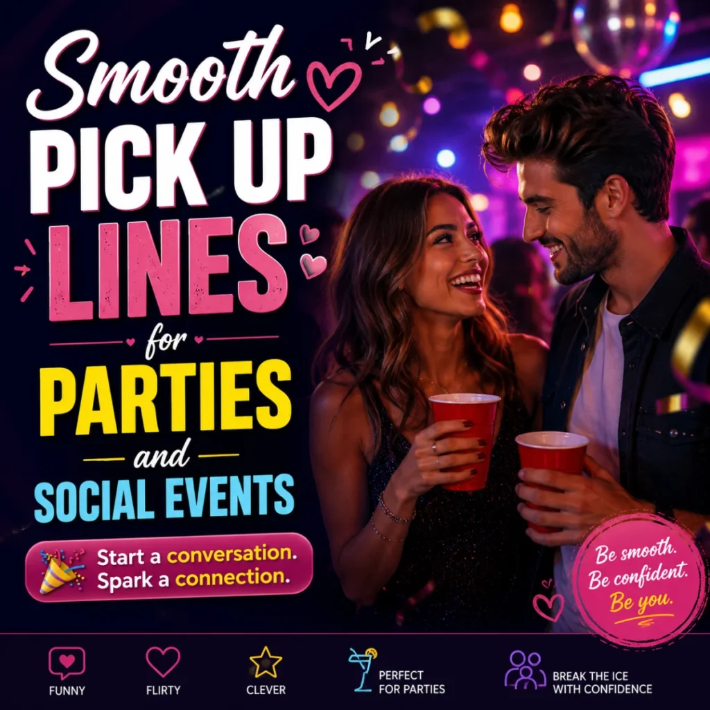 Smooth pick up lines for parties and social events featuring a smiling couple at a lively neon-lit celebration