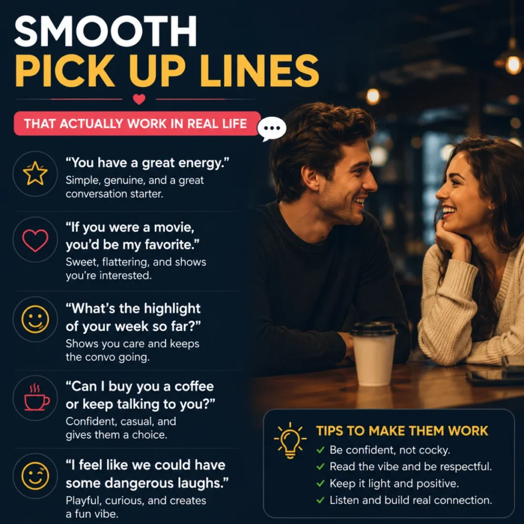 Smooth pick up lines that actually work in real life with a smiling couple talking at a café.
