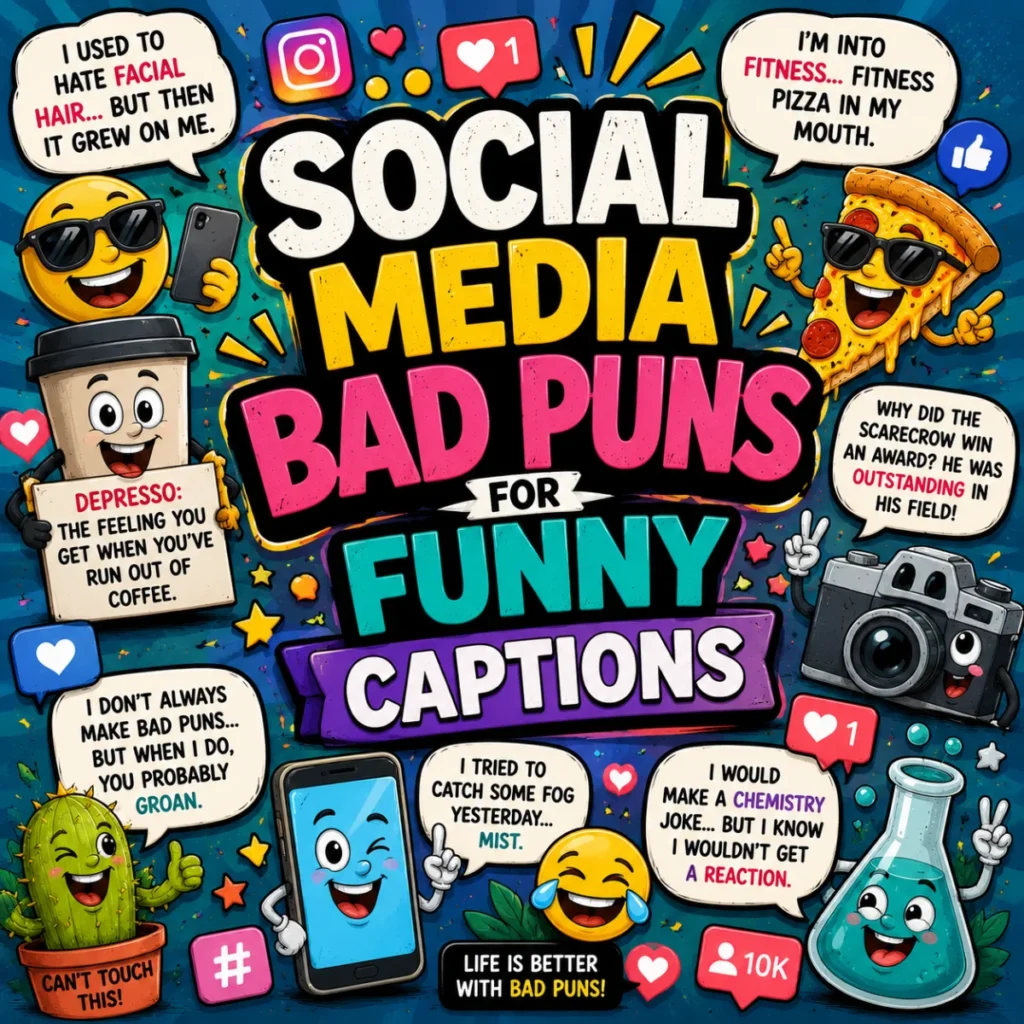 A colorful square cartoon illustration featuring social media icons, funny characters, comic speech bubbles, and bold text reading "Social Media Bad Puns for Funny Captions."