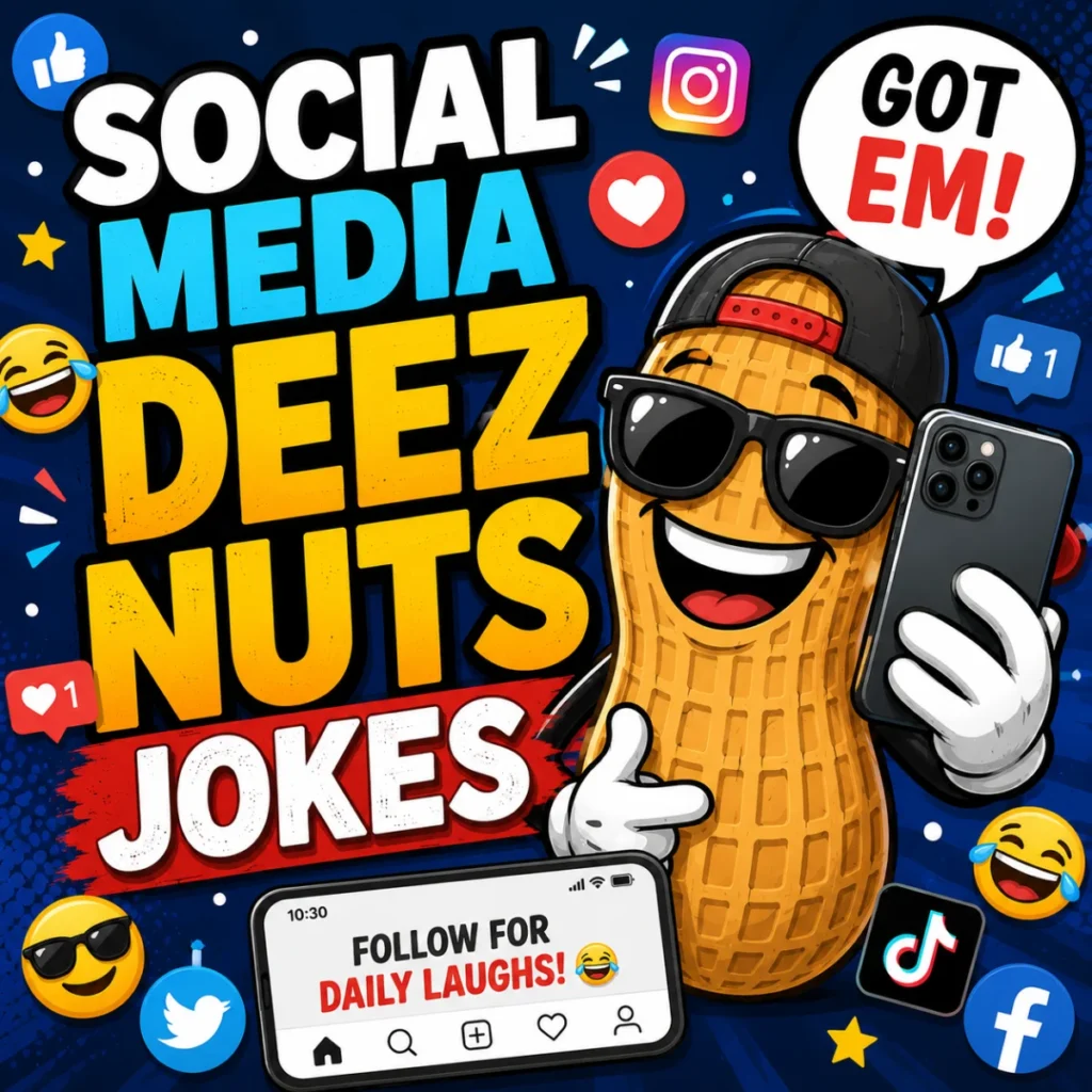 Social Media Deez Nuts jokes illustration featuring a cartoon peanut taking a selfie with social media icons, emojis, and comic-style graphics.