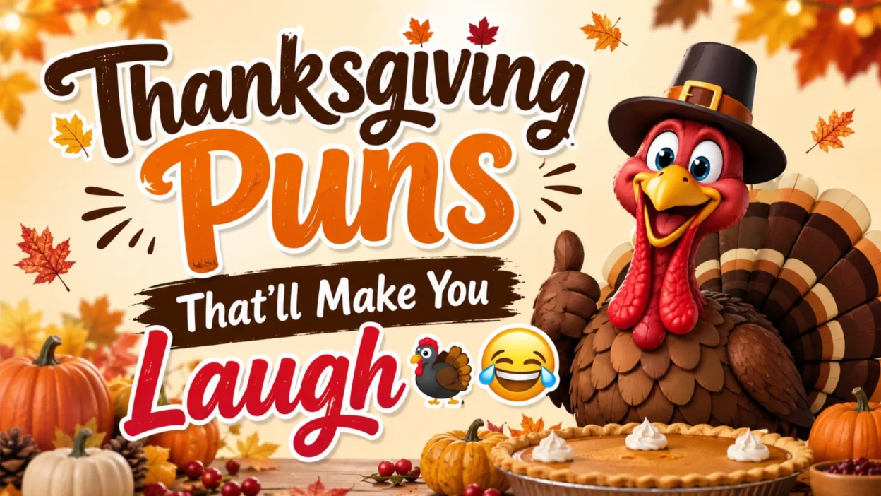A cheerful Thanksgiving-themed illustration featuring a smiling turkey wearing a pilgrim hat, pumpkins, pumpkin pie, autumn leaves, and the text "Thanksgiving Puns That'll Make You Laugh."