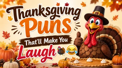A cheerful Thanksgiving-themed illustration featuring a smiling turkey wearing a pilgrim hat, pumpkins, pumpkin pie, autumn leaves, and the text "Thanksgiving Puns That'll Make You Laugh."