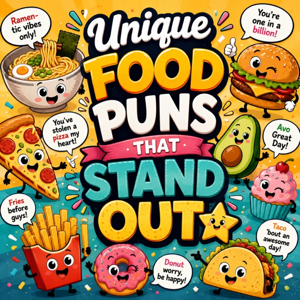 Unique Food Puns That Stand Out featuring cute cartoon ramen, burger, pizza, fries, avocado, donut, cupcake, and taco characters with funny food wordplay