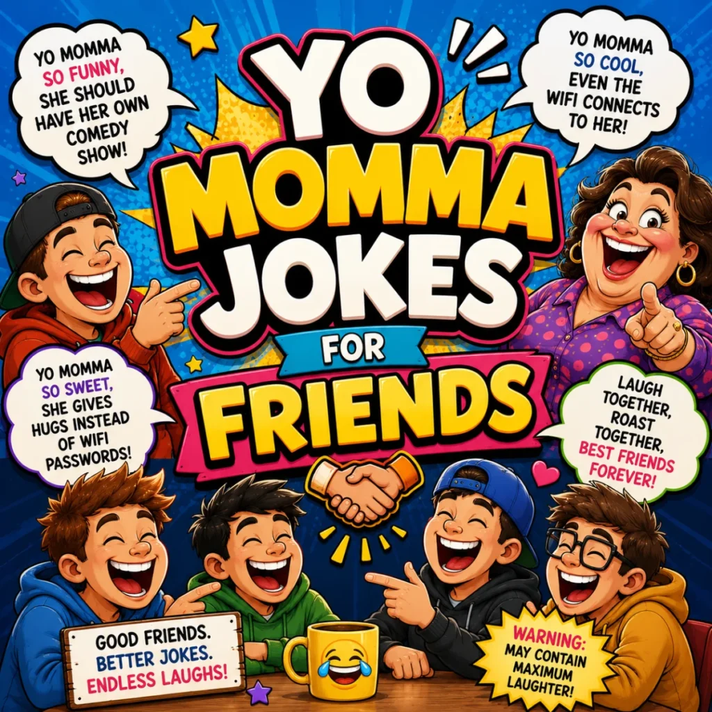 A colorful square cartoon illustration featuring laughing friends, comic speech bubbles, a handshake icon, and bold text reading "Yo Momma Jokes for Friends."