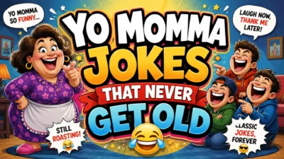 A colorful cartoon comedy banner featuring a laughing family, comic speech bubbles, and bold text reading "Yo Momma Jokes That Never Get Old."