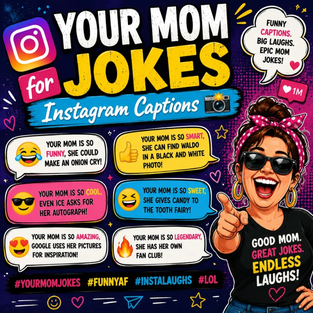 Your Mom Jokes for Instagram Captions graphic featuring a smiling cartoon mom, Instagram-inspired design elements, colorful speech bubbles, and funny caption ideas on a vibrant comic-style background.