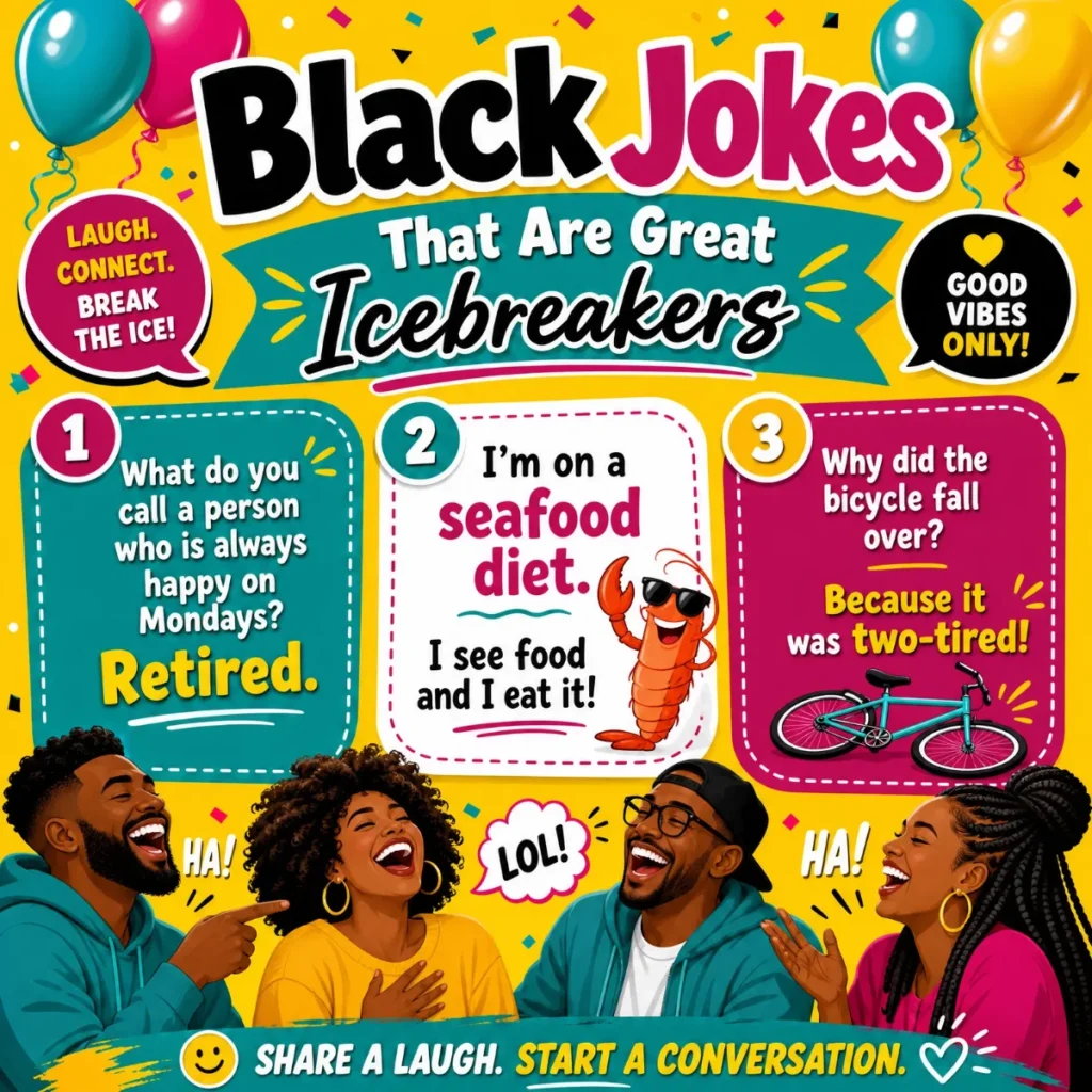 A festive, square social media graphic titled "Black Jokes That Are Great Icebreakers." It features three numbered jokes in colorful speech bubbles, accompanied by illustrations of a lobster in sunglasses and a bicycle. At the bottom, a group of friends is shown laughing together against a bright yellow background with balloons and confetti.