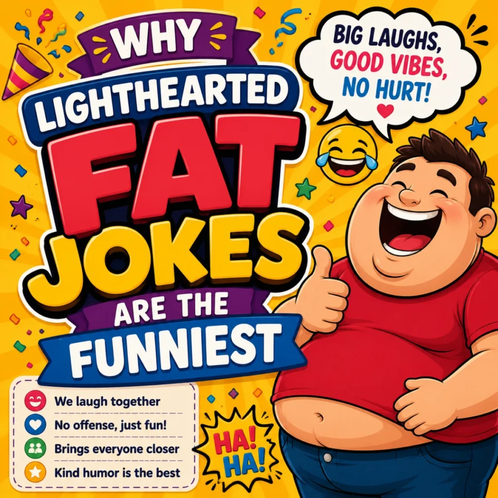 Why Lighthearted Fat Jokes Are the Funniest featuring a cheerful cartoon character with colorful comic-style text on a bright festive background.