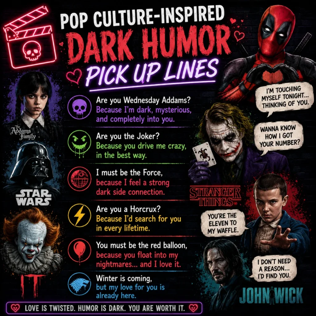 Pop culture-inspired dark humor pick up lines graphic featuring spooky cinematic-inspired characters, neon typography, and edgy romantic one-liners on a dark background.