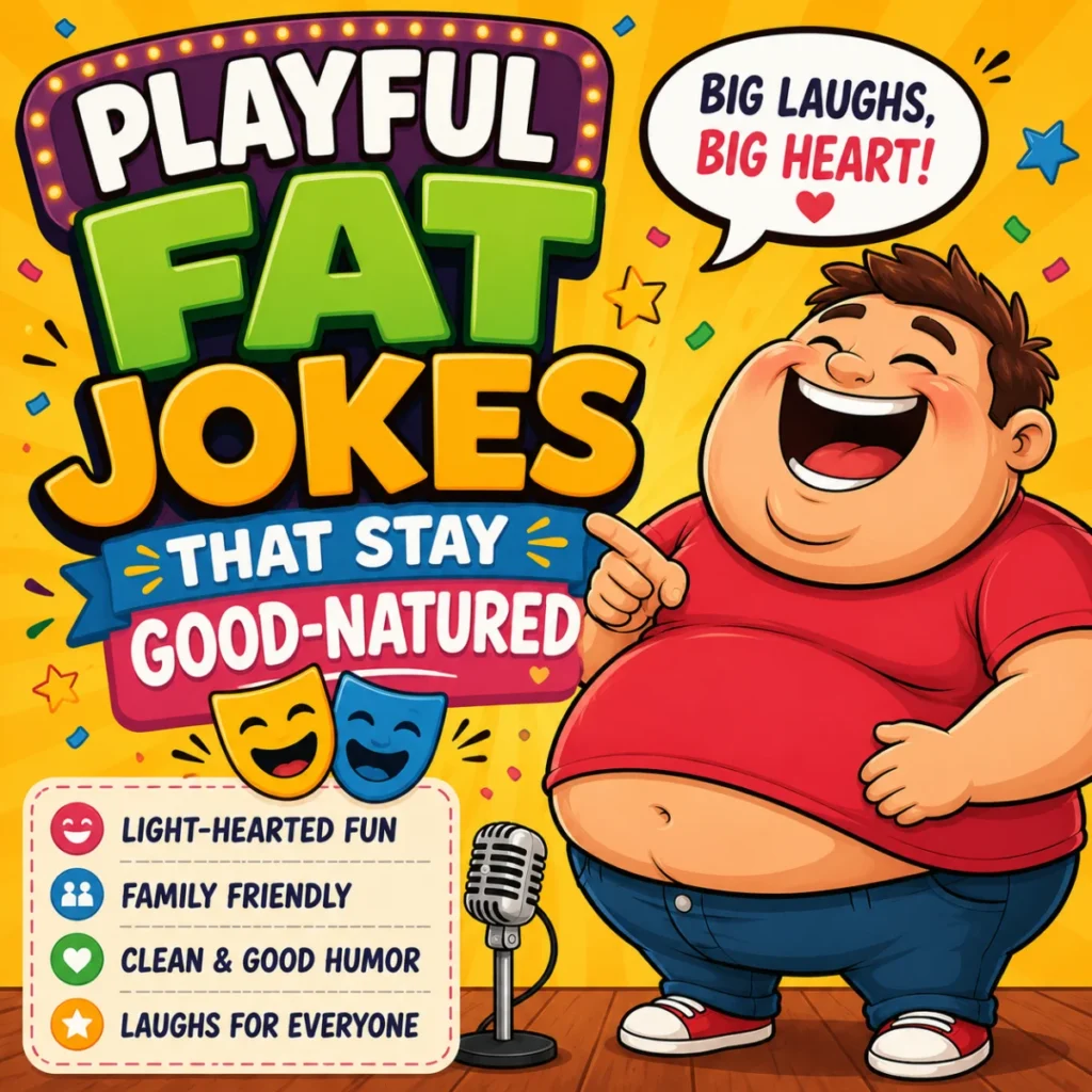Playful Fat Jokes That Stay Good-Natured featuring a smiling cartoon character, colorful comic-style text, and a cheerful comedy-themed background.