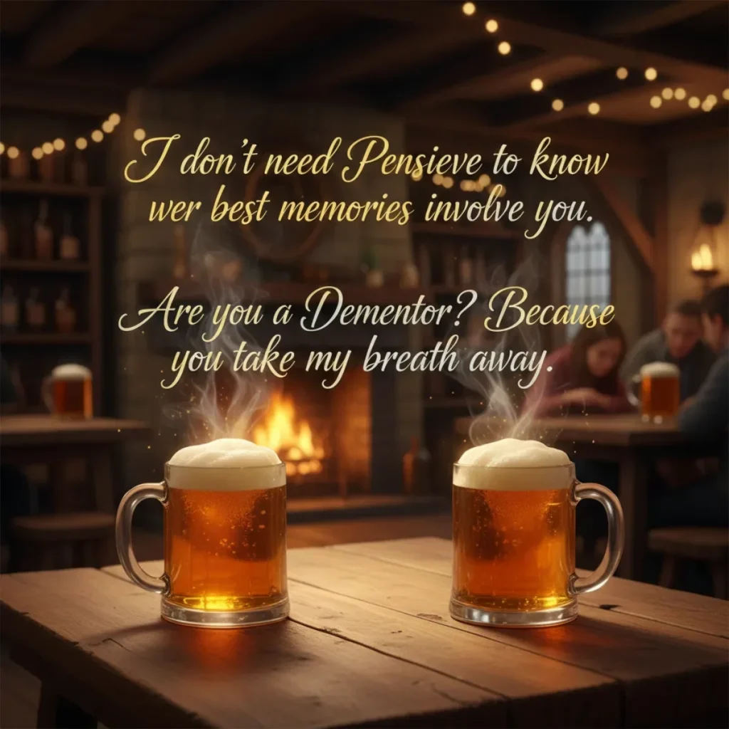 A cozy Hogsmeade tavern scene with two mugs of Butterbeer on a wooden table and magical Harry Potter pick-up lines written in gold script.