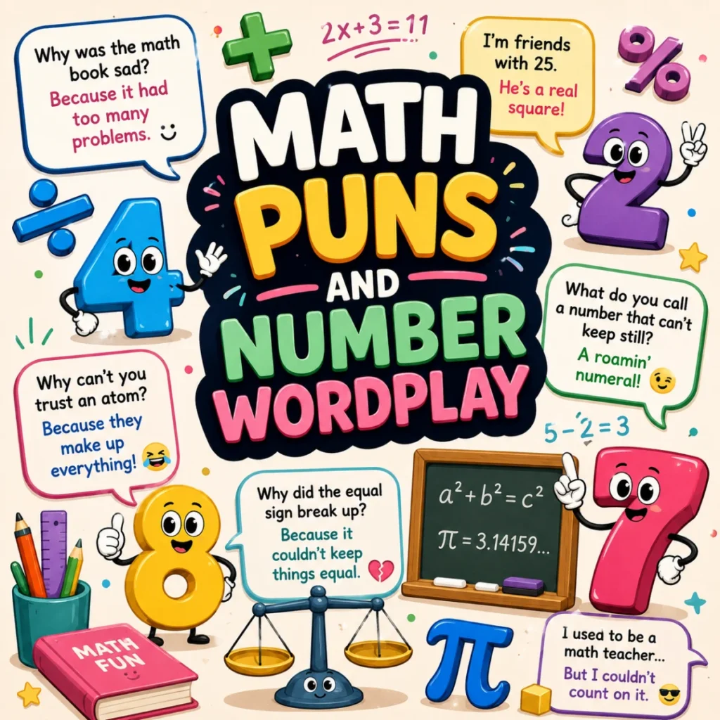 Colorful square illustration featuring funny math puns, number characters, playful wordplay, equations, and cheerful school-themed graphics.