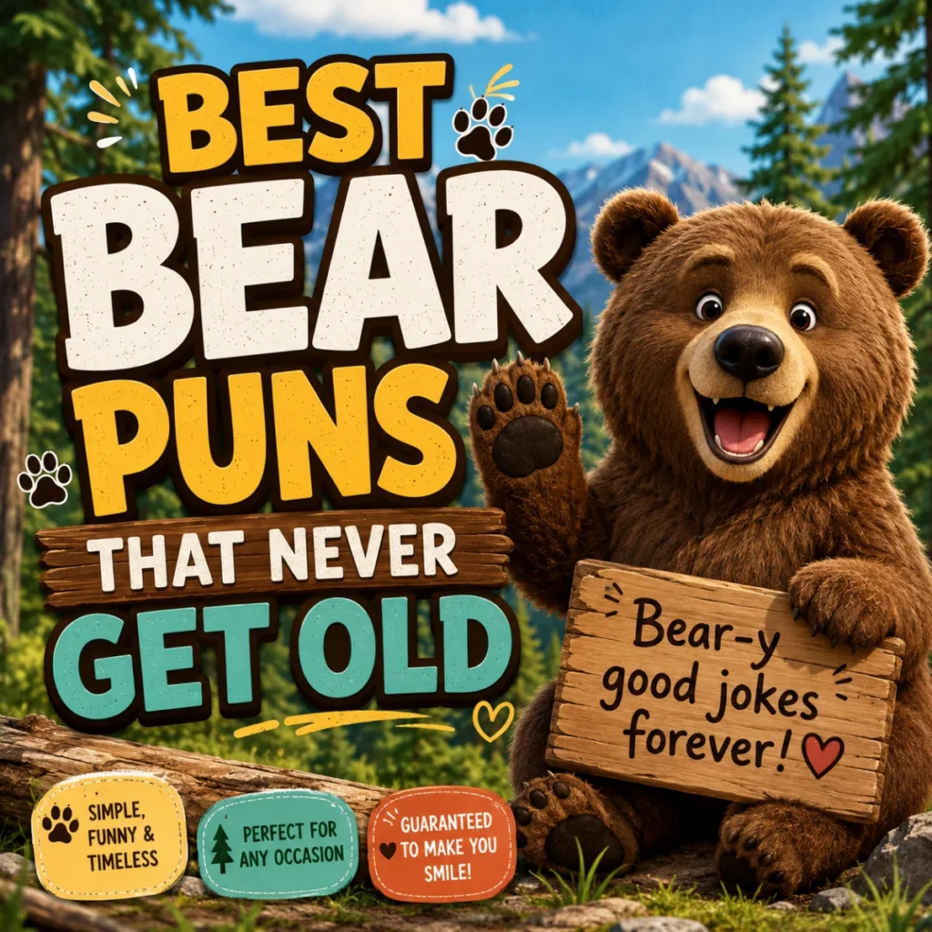 Smiling cartoon brown bear in a forest with the heading Best Bear Puns That Never Get Old, surrounded by playful woodland elements and colorful typography.