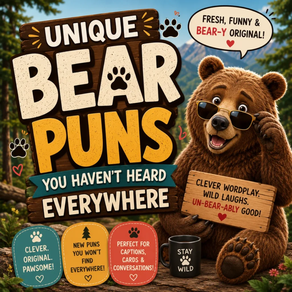 Cool cartoon brown bear wearing sunglasses beside the title Unique Bear Puns You Haven't Heard Everywhere in a colorful woodland scene.