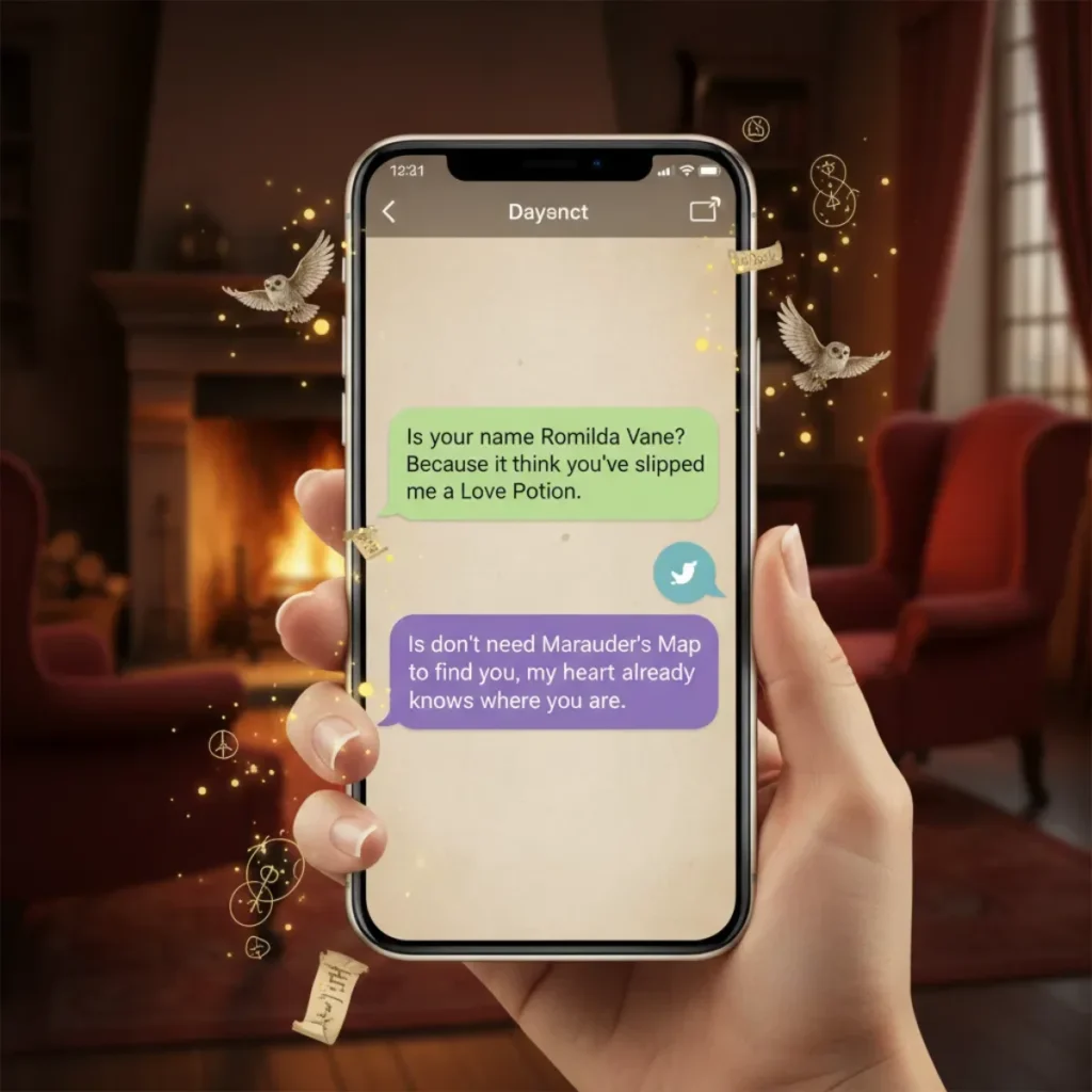 A hand holding a smartphone showing a text conversation with Harry Potter themed pick-up lines, set against a magical Hogwarts common room background.