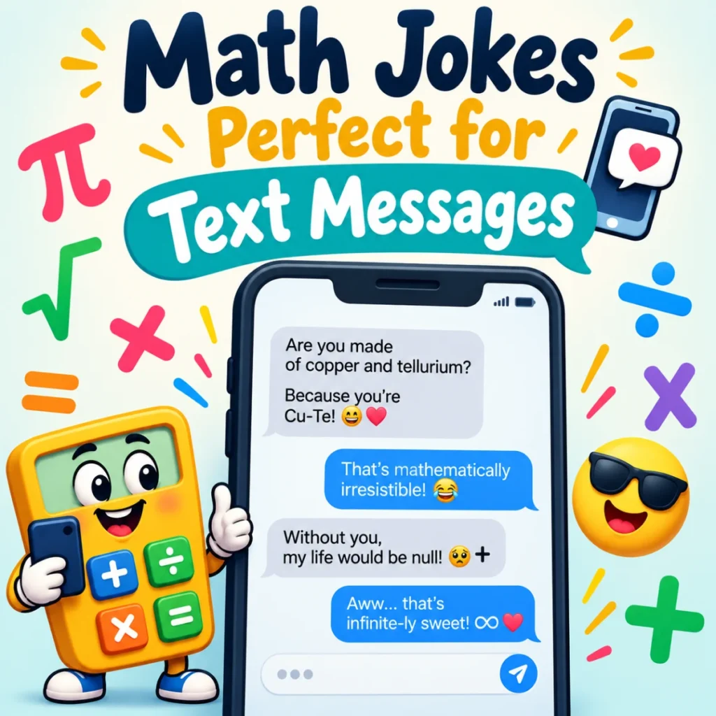 Colorful square illustration of math jokes in text message bubbles on a smartphone with playful math symbols, emojis, and a smiling calculator character.