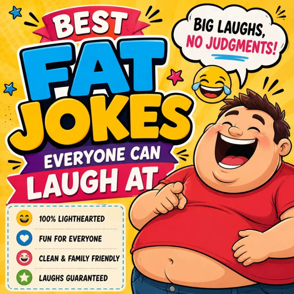 Best Fat Jokes Everyone Can Laugh At featuring a happy cartoon character with colorful comic-style typography on a bright yellow background.