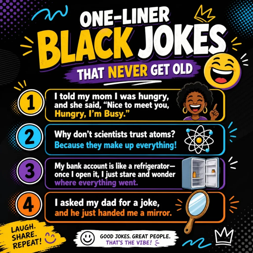 A high-energy, square social media graphic titled "One-Liner Black Jokes That Never Get Old." It features four numbered one-liner jokes with vibrant icons—a laughing girl, an atom, an open refrigerator, and a hand mirror—set against a sleek black background with colorful accents.