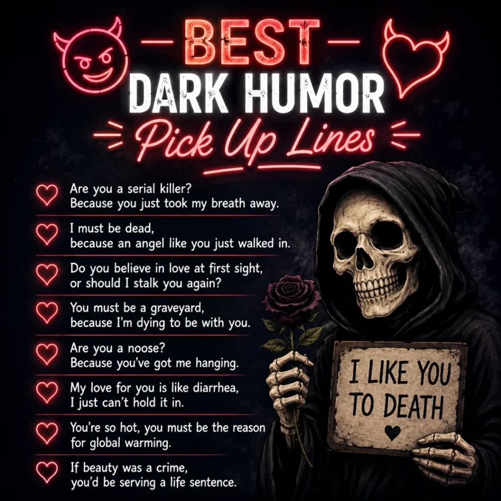 Best Dark Humor Pick Up Lines graphic featuring a hooded skeleton holding a sign reading "I Like You to Death" with funny dark-themed pick up lines on a black background.