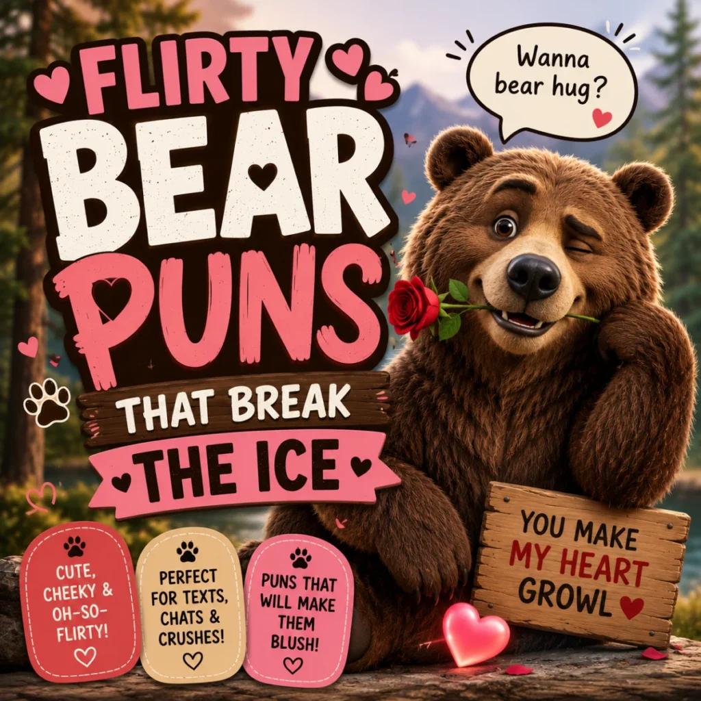 Flirty cartoon brown bear winking with a red rose in its mouth beside the title Flirty Bear Puns That Break the Ice in a romantic forest setting.