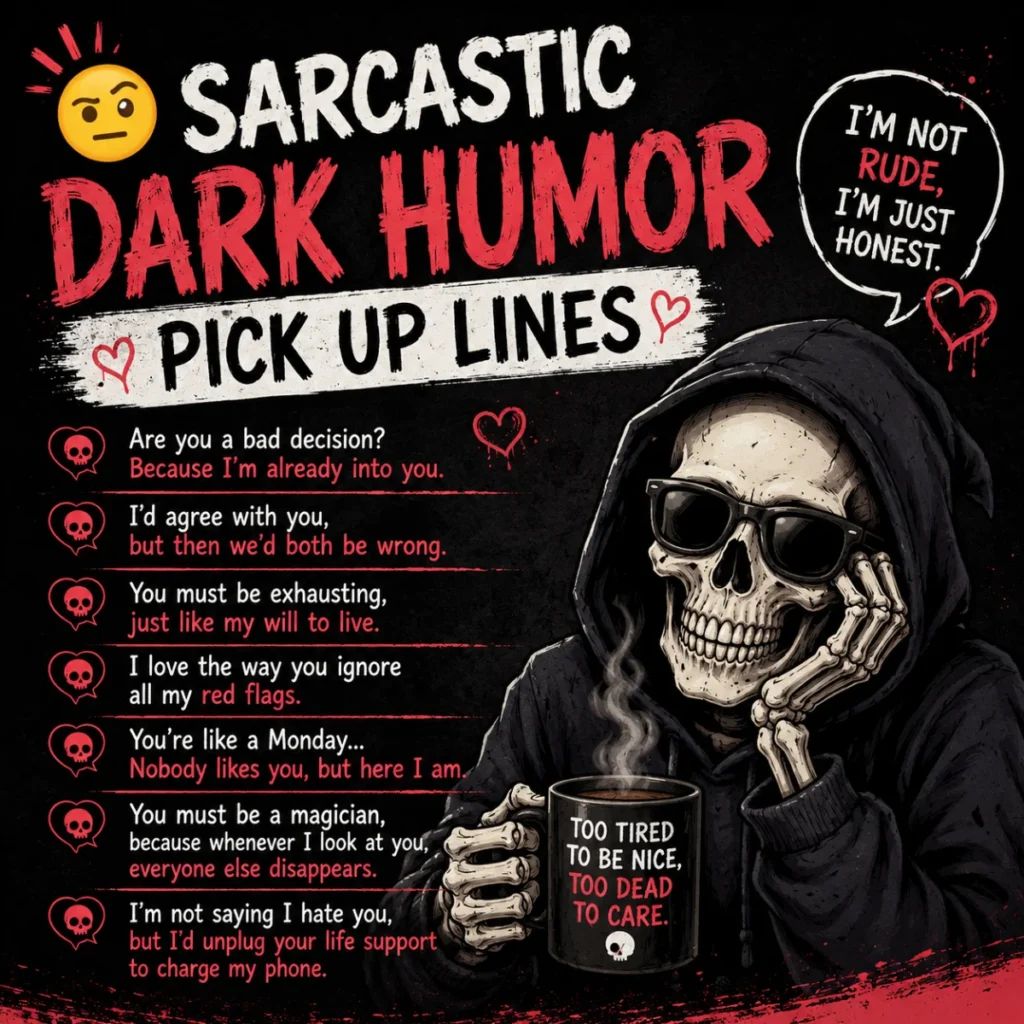 Sarcastic Dark Humor Pick Up Lines graphic featuring a hooded skeleton wearing sunglasses, holding a coffee mug with witty dark pickup lines on a black grunge background.