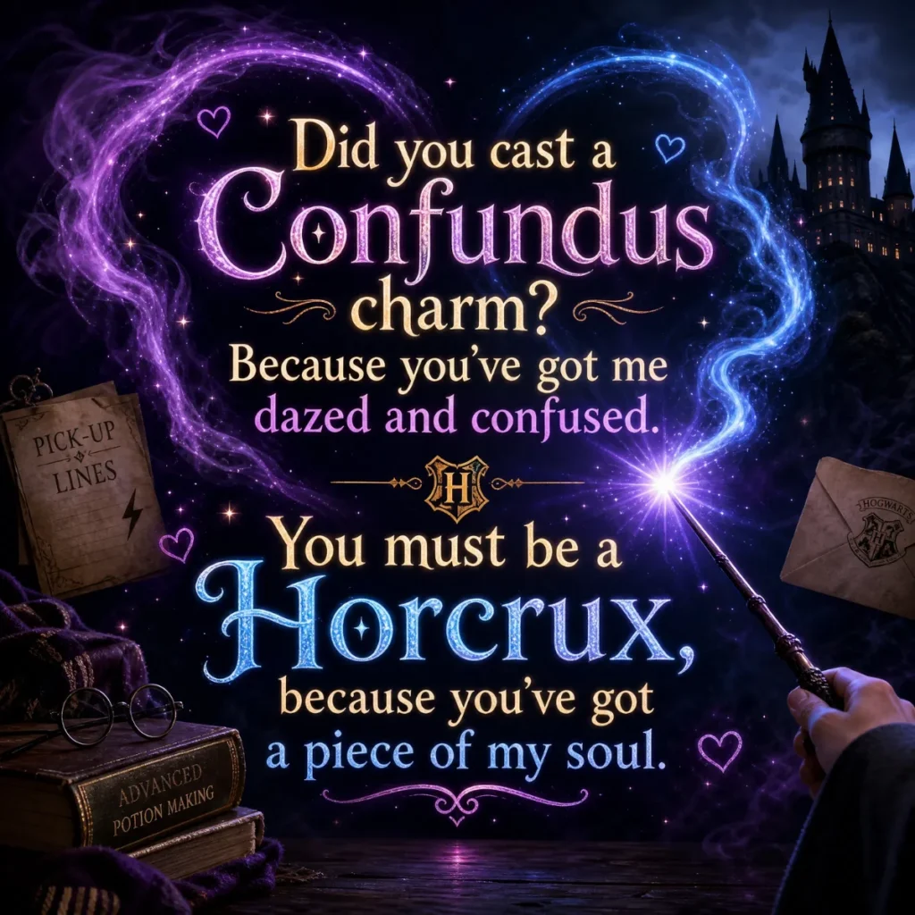 A square magical graphic featuring Harry Potter pick-up lines with a glowing heart made of purple and blue smoke, a magic wand, and Wizarding World artifacts.