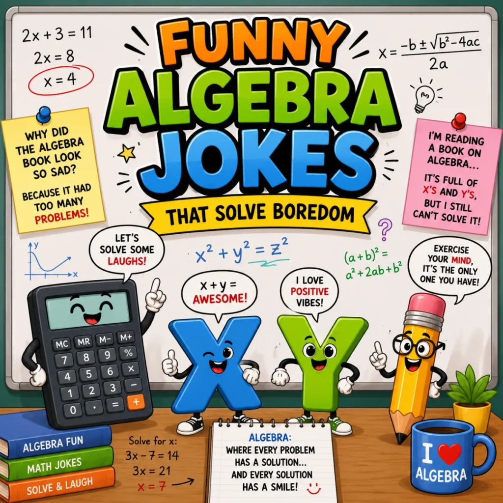 Funny algebra jokes illustration featuring colorful math equations, algebra symbols, and a smiling calculator solving boredom with humor.