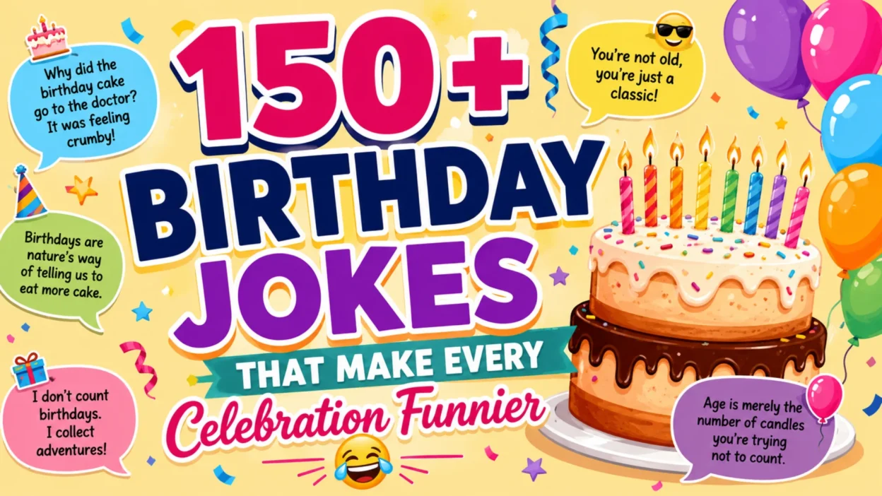 Colorful birthday party illustration featuring a decorated birthday cake with candles, balloons, confetti, and funny birthday jokes for a celebration-themed article.
