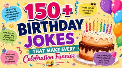 Colorful birthday party illustration featuring a decorated birthday cake with candles, balloons, confetti, and funny birthday jokes for a celebration-themed article.