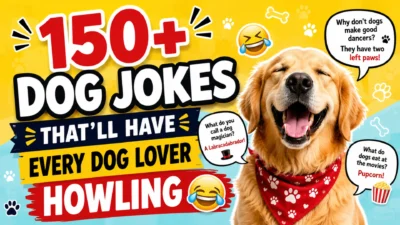 A happy Golden Retriever wearing a red bandana smiles beside bold text reading "150+ Dog Jokes That'll Have Every Dog Lover Howling," with funny dog joke speech bubbles on a bright yellow background.
