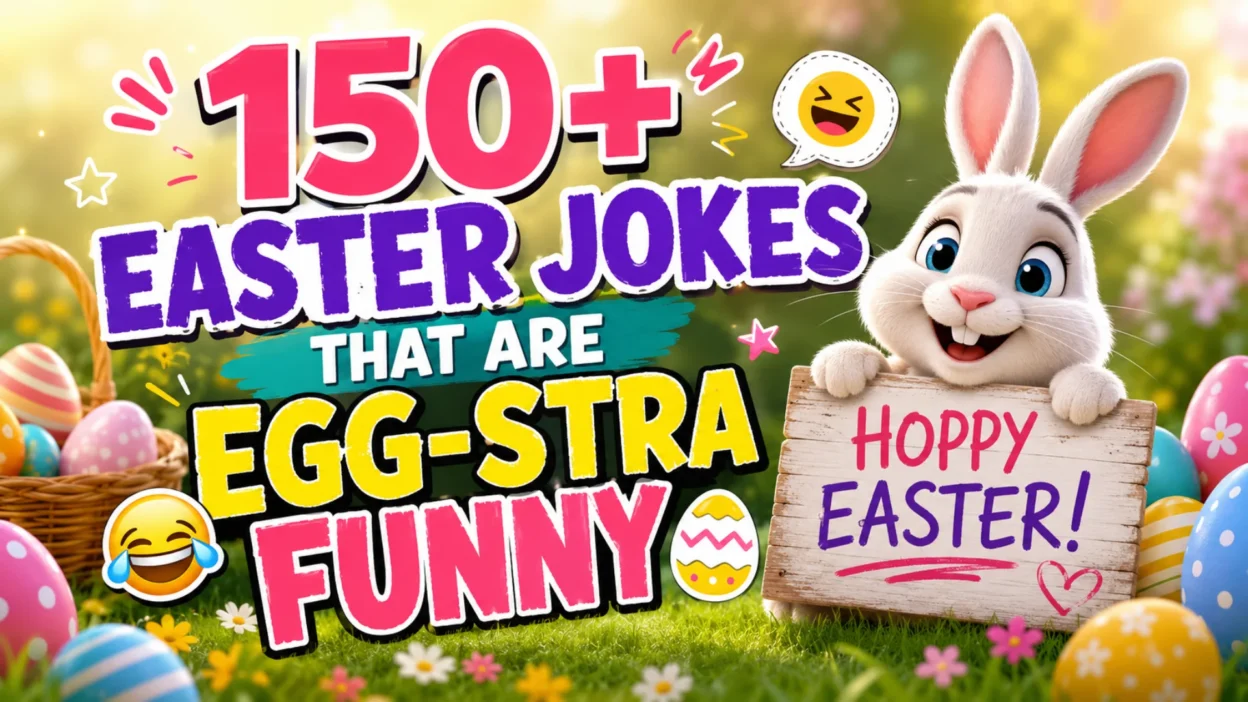 150+ Easter jokes that are egg-stra funny with a cheerful Easter Bunny, colorful eggs, and spring decorations