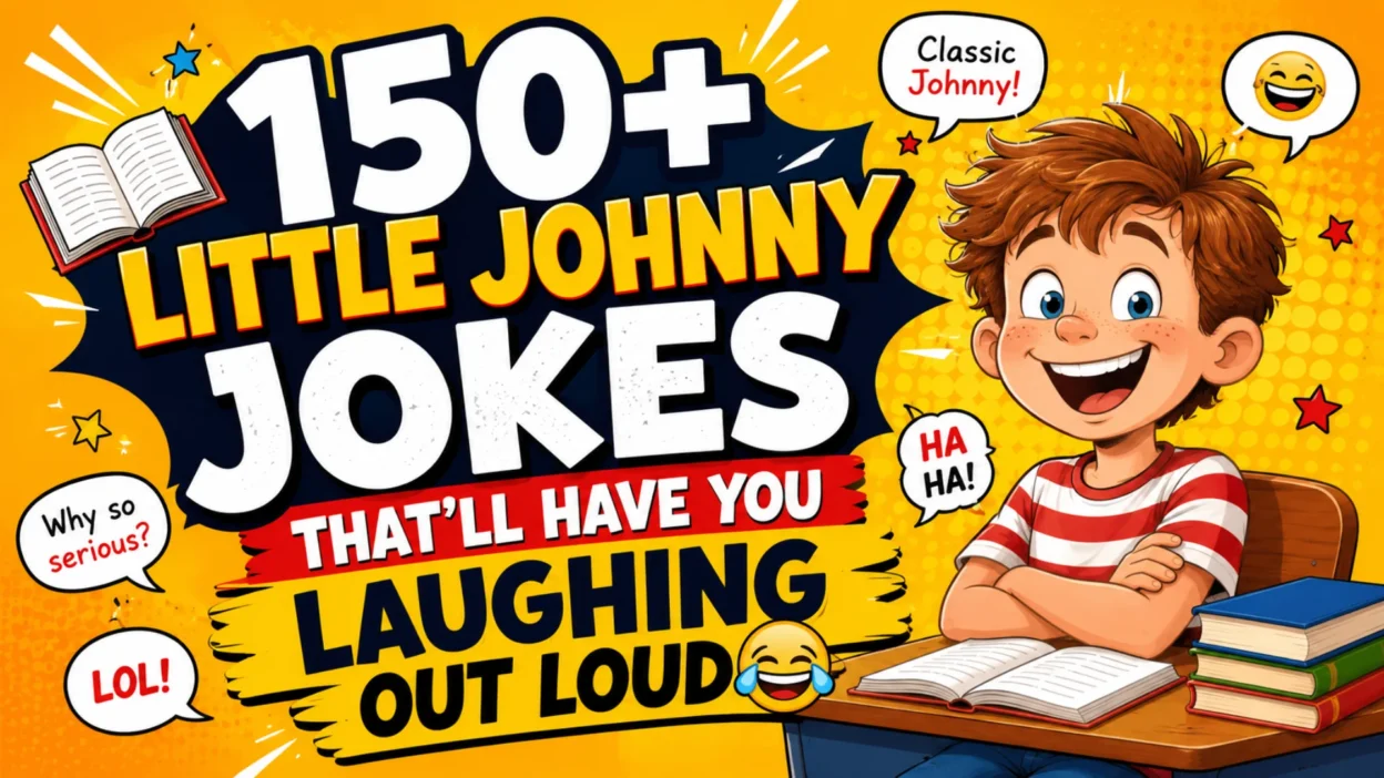 150+ Little Johnny jokes cartoon featuring a funny schoolboy laughing at a classroom desk