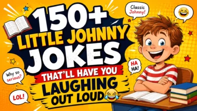 150+ Little Johnny jokes cartoon featuring a funny schoolboy laughing at a classroom desk