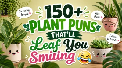 Colorful 1920x1080 banner featuring cute potted plants, leafy greenery, and the text "150+ Plant Puns That'll Leaf You Smiling" with playful gardening-themed illustrations.