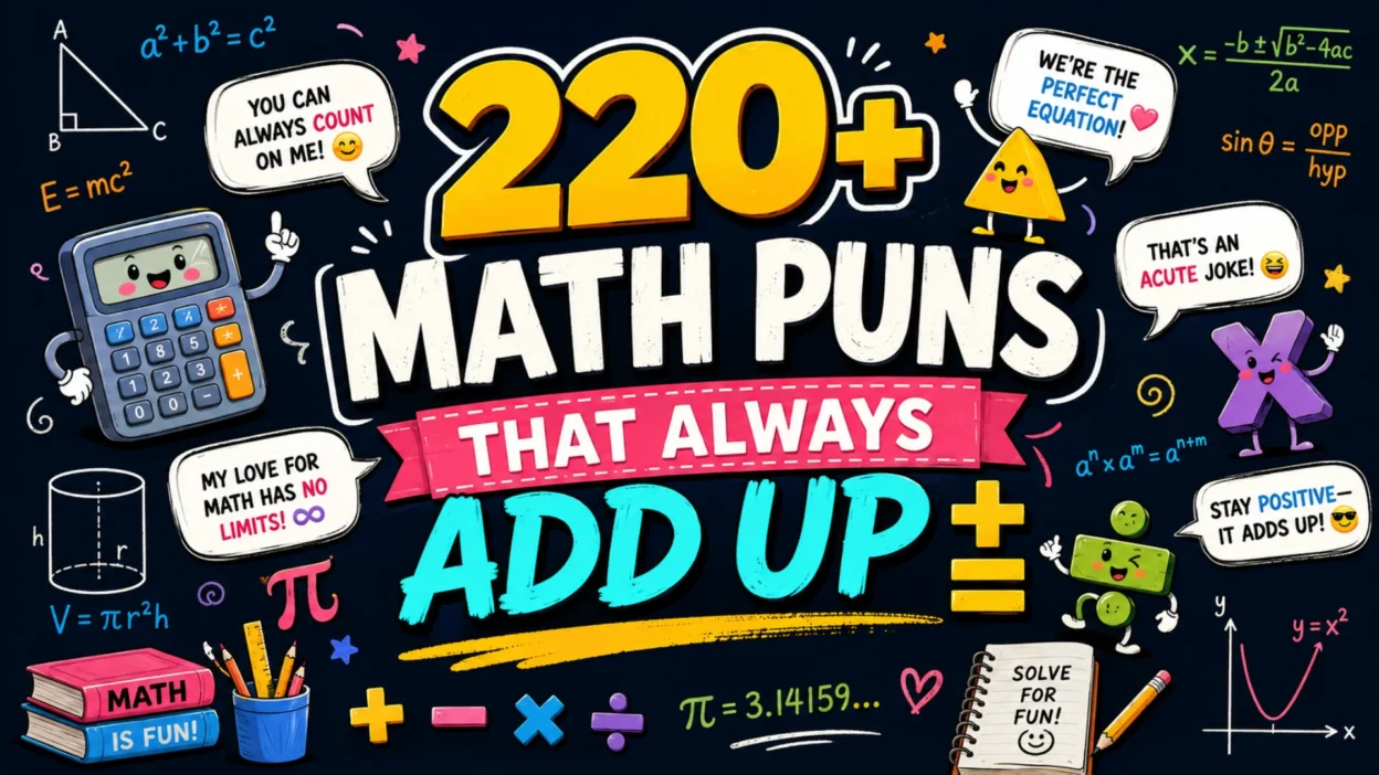 Colorful 1920×1080 illustration featuring the title "220+ Math Puns That Always Add Up" with playful math symbols, equations, calculator characters, and funny math-themed speech bubbles.