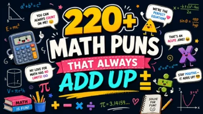 Colorful 1920×1080 illustration featuring the title "220+ Math Puns That Always Add Up" with playful math symbols, equations, calculator characters, and funny math-themed speech bubbles.